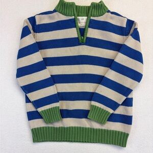 Hanna Andersson Boys Sweater Knit Striped 1/4 Zip Green Blue 110 4-5 Mock Neck